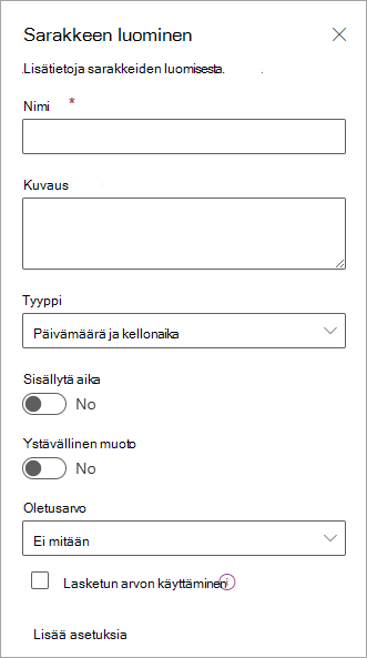 Näyttökuva Luo sarake -paneelista, jonka avulla voit lisätä sarakkeita luetteloihin.