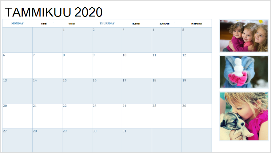 Kuva tammi kuun 2020 kalenterista, jossa on valo kuvia