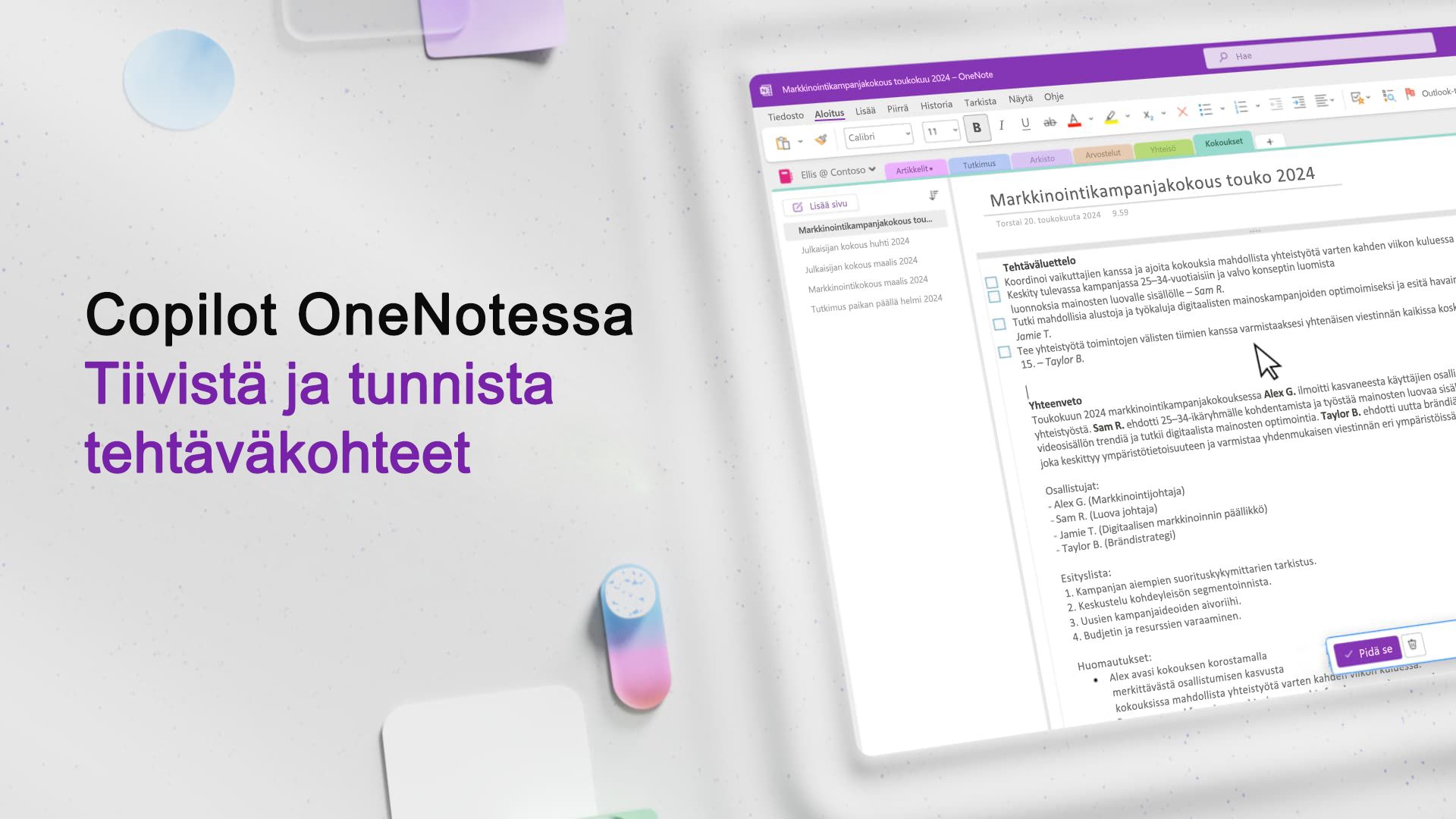 Video: Yhteenveto ja tehtäväkohteiden tunnistaminen Copilotin avulla OneNotessa