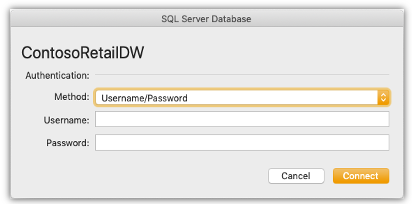 Näyttökuva valintaikkunasta, jossa käyttäjää pyydetään antamaan kirjautumistunnukset yhteyden päivittämiseksi SQL-palvelimen tietokantaan.