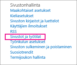 Sivuston asetukset -sivun Sivustot ja työpaikat -osa