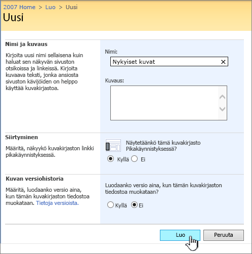 Kuvakirjaston nimen, kuvauksen, siirtymisruudun ja versiotietojen lisääminen