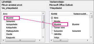 Excelin sarakkeen yhdistäminen Outlookin yhteystietokenttään