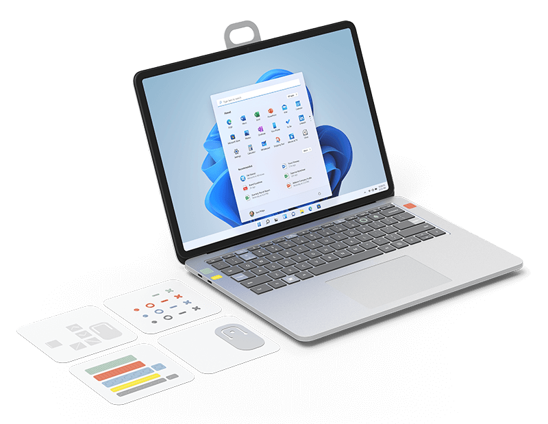Kuva Surface Laptopista ja Surface Headphonesista, joihin on liitetty Adaptive Kit.