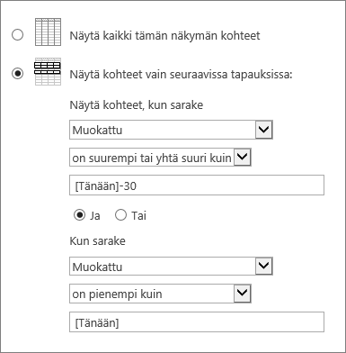 Suodattimia, joissa on käytössä [tänään]