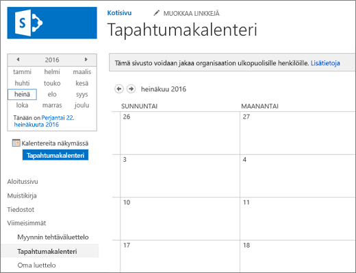 Esimerkki kalenteriluettelosovelluksesta