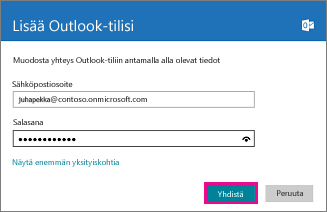 Windows 8 Mail -sovelluksen Lisää Outlook-tili -sivu