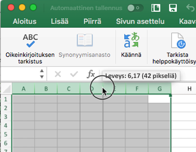 Näyttökuva, jossa näytetään, miten voit muuttaa sarakkeiden leveyttä Excelissä hiiren avulla