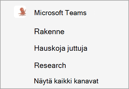 Microsoft Teams -tiimillä on kanavia suunnitteluun, hauskanpitoon ja tutkimukseen. Lisää kanavia on piilotettuina.