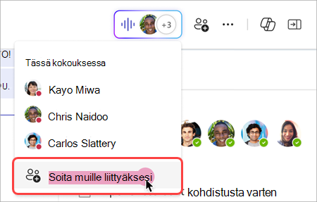 Näyttökuva, jossa näytetään, miten voit soittaa muille ryhmäkeskustelun pikakokouksen live-ilmaisimesta.