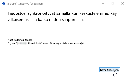 OneDrive For Businessin synkronoinnin valintaikkuna, jossa Näytä omat tiedostot -painike korostettuna.