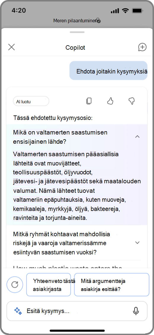 Näyttökuva Copilotista Wordissa iOS-laitteessa, jossa näkyvät Copilotin ehdottamat kysymys- ja vastaustulokset
