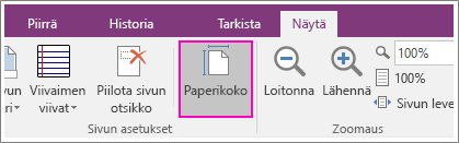 Näyttökuva Paperikoko-painikkeesta OneNote 2016:ssa.
