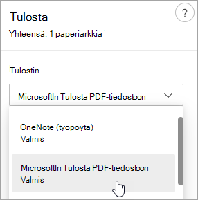 Näyttökuva, jossa näkyy Microsoftin Tulosta PDF-tiedostoon -valinta