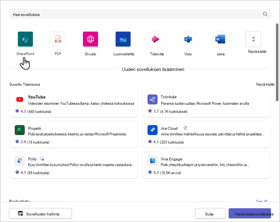 SharePoint-välilehden lisääminen -valintaikkuna.