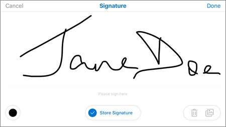 OneDrive for iOS PDF Markup Signature -ruutu ja asetukset