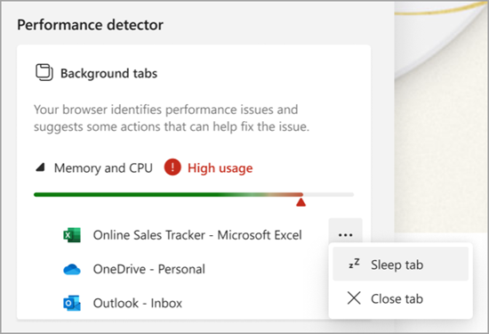 Voit siirtyä lepotilaan tai sulkea välilehtiä Microsoft Edgen suorituskyvyn ilmaisimessa.