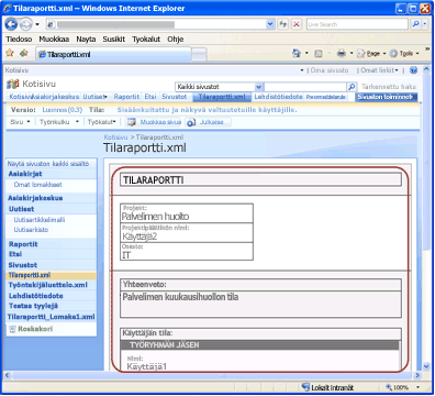 WWW-sivuksi muunnettu tilaraporttilomakemalli Office SharePoint Server 2007:ssä