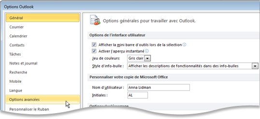 Commande Options avancées dans la boîte de dialogue Options Outlook