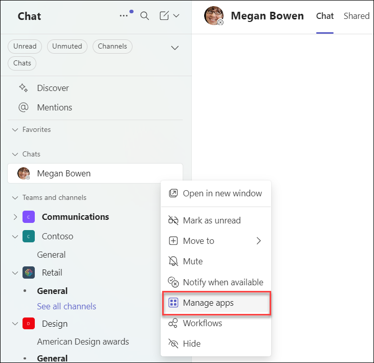 Capture d’écran de la gestion des applications dans une conversation Teams