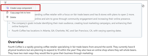 Capture d'écran montrant un utilisateur convertissant un résumé de page en un composant de Loop
