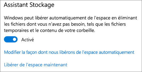 Bouton bascule Stockage de Windows 10 pour activer l’Assistant Stockage