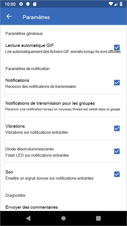 Yammer options d’Paramètres Android