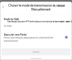Capture d’écran du choix manuel du mode de transmission du casque dans Talkie-walkie