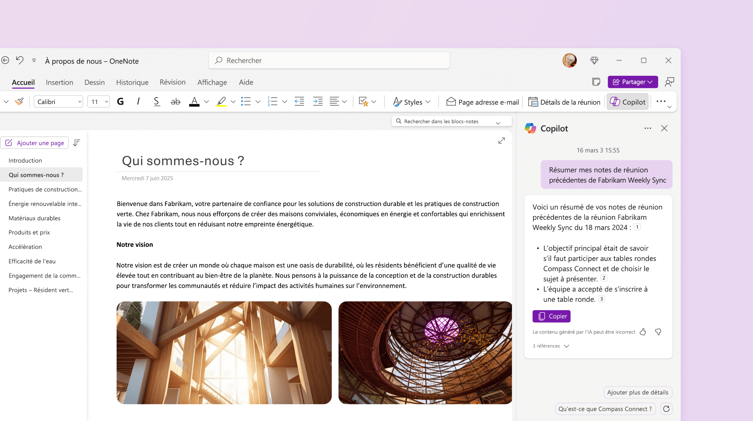 Capture d’écran montrant Copilot dans OneNote résumant la note.