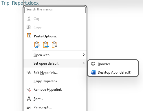 Image des options pour Définir l’ouverture par défaut comme Navigateur ou Application de bureau (par défaut).
