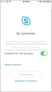 Écran de connexion pour Skype entreprise sur iOS