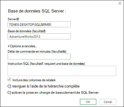 Power Query SQL Server boîte de dialogue Connexion à la base de données