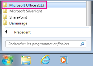 Office 2013 group under All Programs in Windows 7