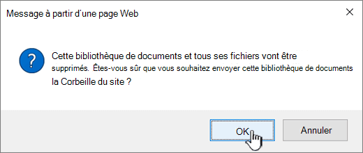 Boîte de dialogue de confirmation lors de la suppression d’une bibliothèque