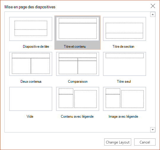 Boîte de dialogue Disposition des diapositives dans PowerPoint pour le web.
