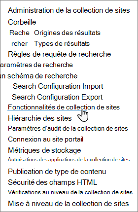 Option Fonctionnalités de la collection de sites dans les SharePoint site