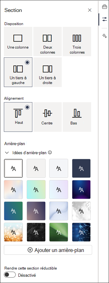 Volet Propriétés de la section