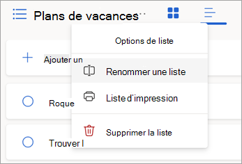 Sélectionnez d’autres options en regard d’un nom de liste pour renommer, imprimer ou supprimer la liste.