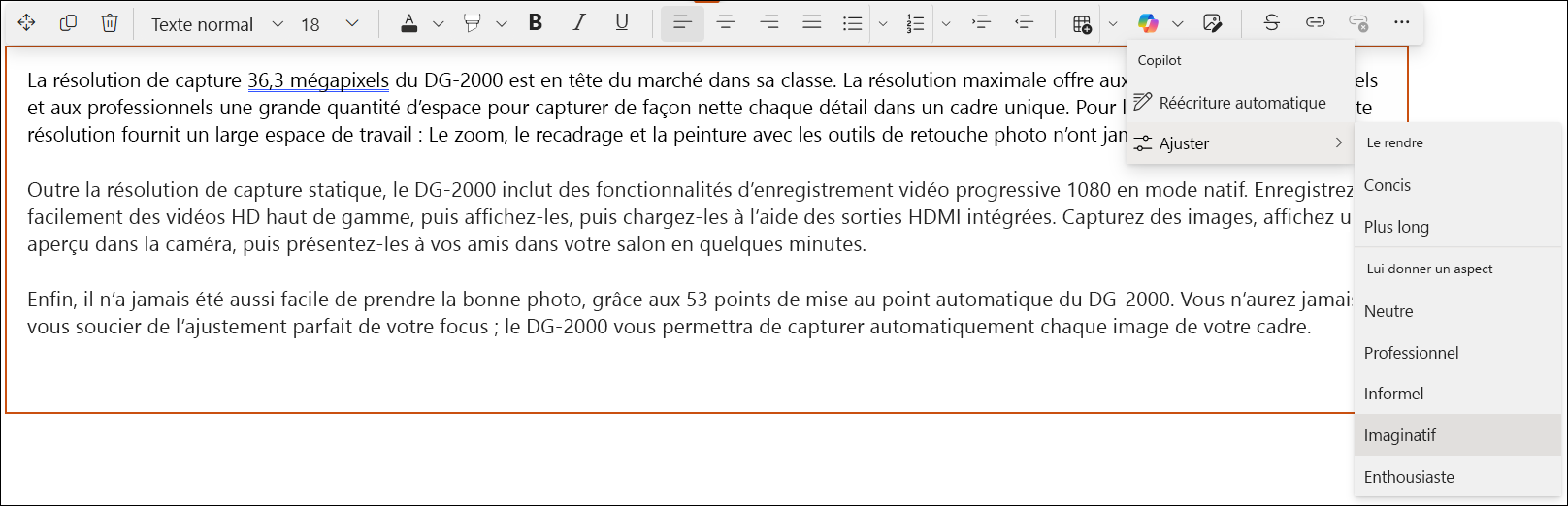 Capture d'écran d'une vue rapide de Copilot dans l'éditeur SharePoint