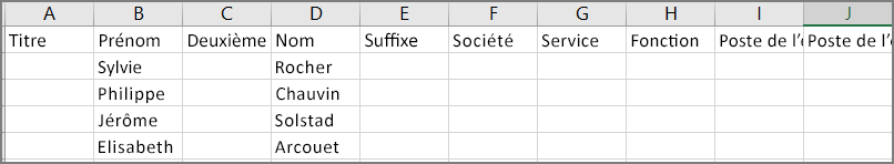 Exemple de fichier CSV après l’exportation des contacts à partir d’Outlook