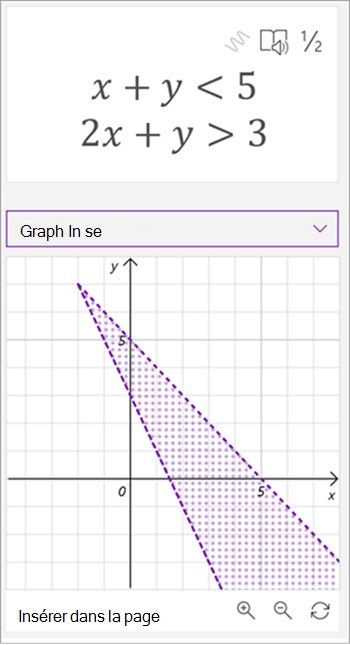 Capture d’écran du graphique généré par l’assistant mathématique des équations x plus y est inférieur à 5, 2x plus y est supérieur à 3, les deux lignes sont tracées et la zone entre elles est ombrée