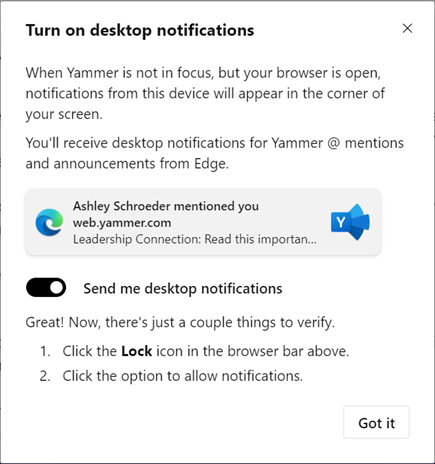 Capture d’écran montrant la boîte de dialogue permettant d’activer les notifications de bureau