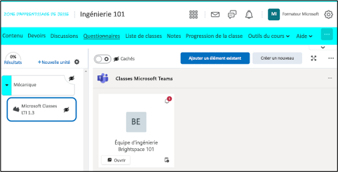 Capture d’écran d’un cours D2L Brightspace mettant en évidence la fonctionnalité Classes Microsoft.