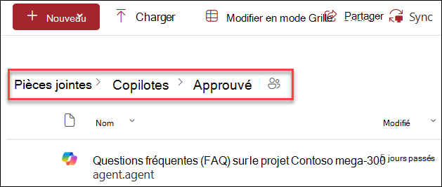 capture d’écran de la structure de dossiers de l’emplacement d’enregistrement d’un assistant Copilot approuvé