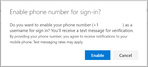 Boîte de dialogue de confirmation de l’enable SMS sign-in for a phone number