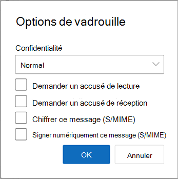 Dans un nouveau message, sélectionnez Plus d’options pour afficher les options de chiffrement disponibles.