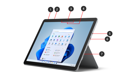 Surface Go 3 avec les fonctionnalités matérielles identifiées.