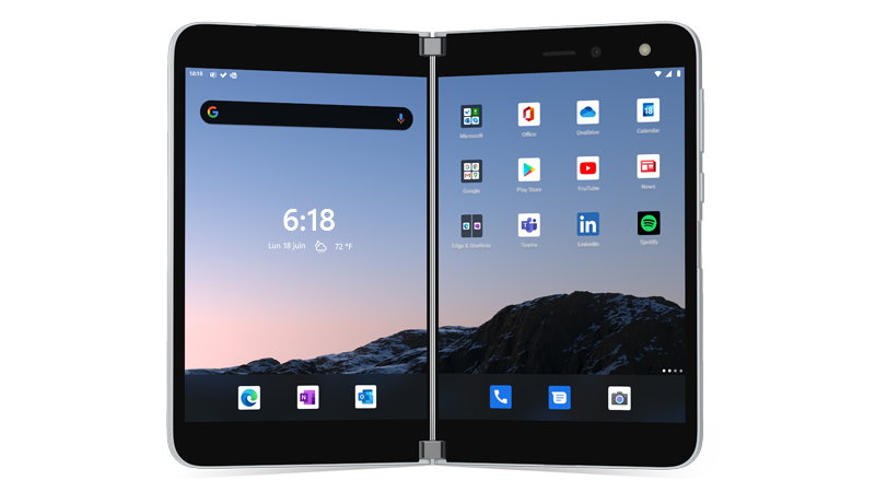 Surface Duo ouvert avec l’écran d’accueil affiché