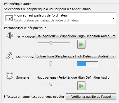 Capture d’écran de la zone de sélection Périphériques audio où vous pouvez définir la qualité audio