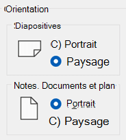 Il existe des options d’orientation pour les diapositives et pour les notes et les documents.